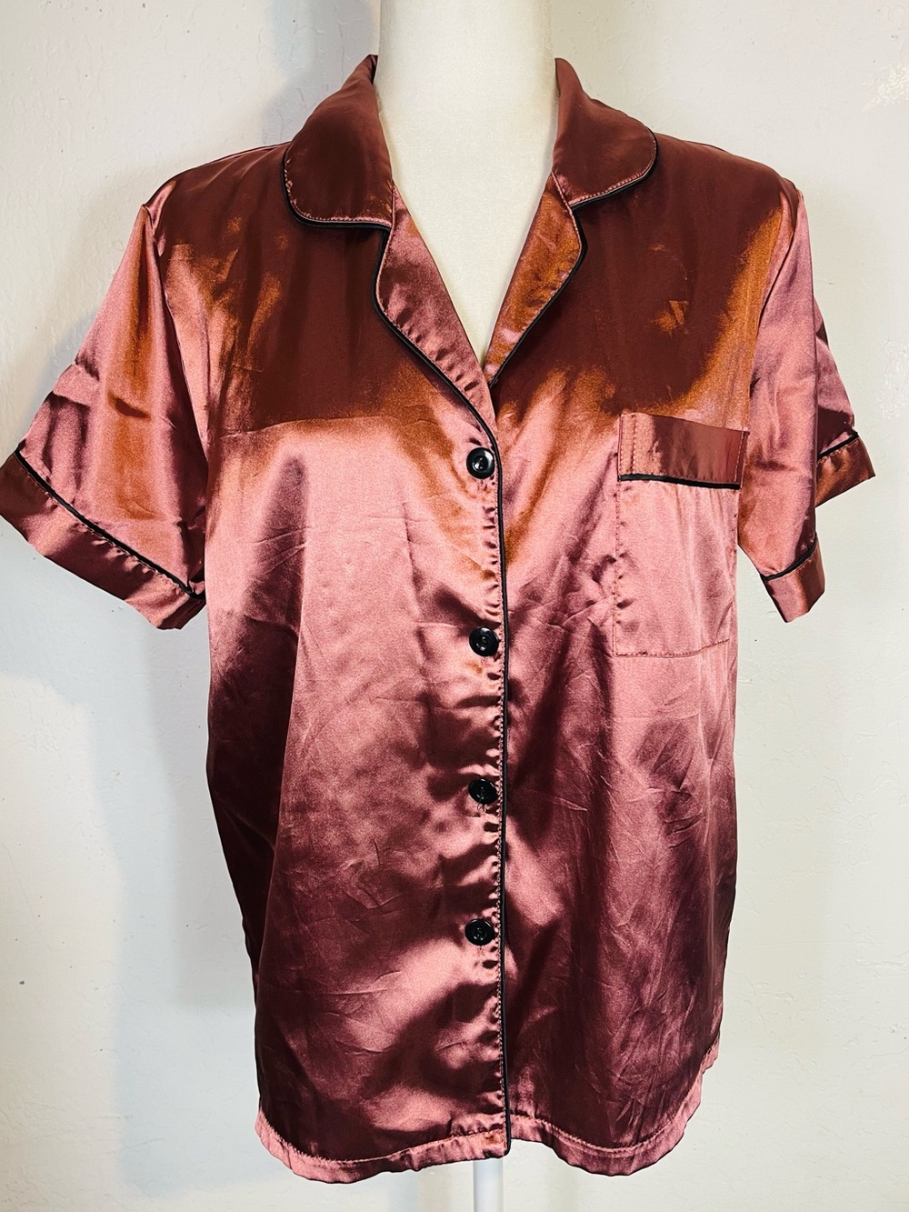 Women's Size Large L Button Down Pajama Top Shirt Short Sleeve Brown Black Trim